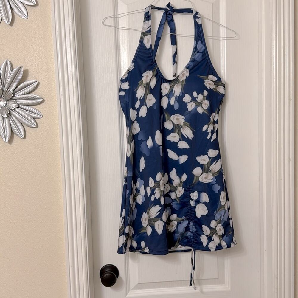 Blue Maternity Swimsuit Top Small Halter Tankiny Floral V Neck Size M